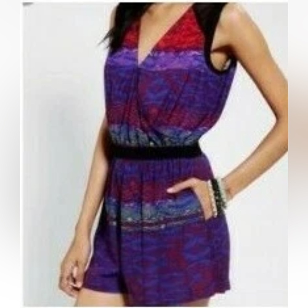 Silence + Noise Romper XS Boho Red Blue Black Pockets Sheer Back Sleeveless